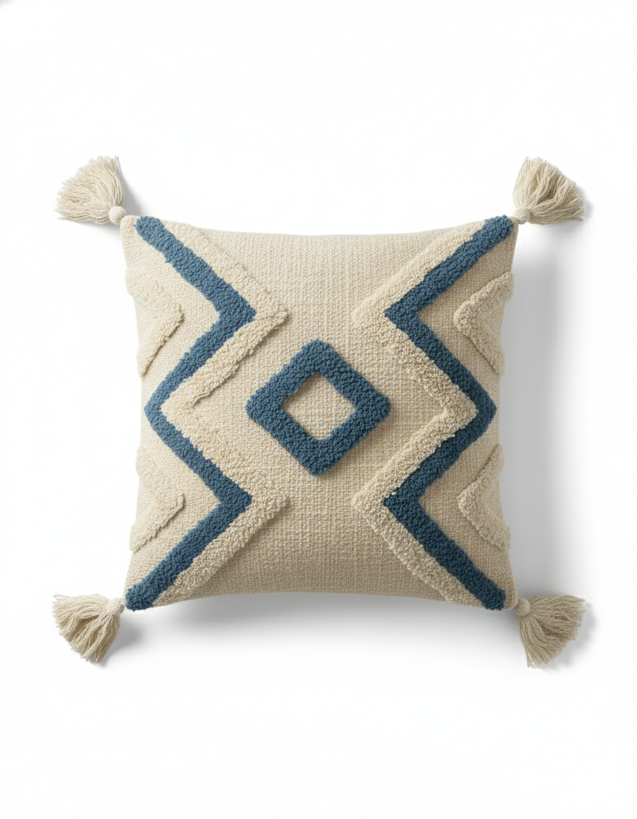 Ivory & Denim Blue Geometric Embroidered Cotton Cushion Cover with Tassels