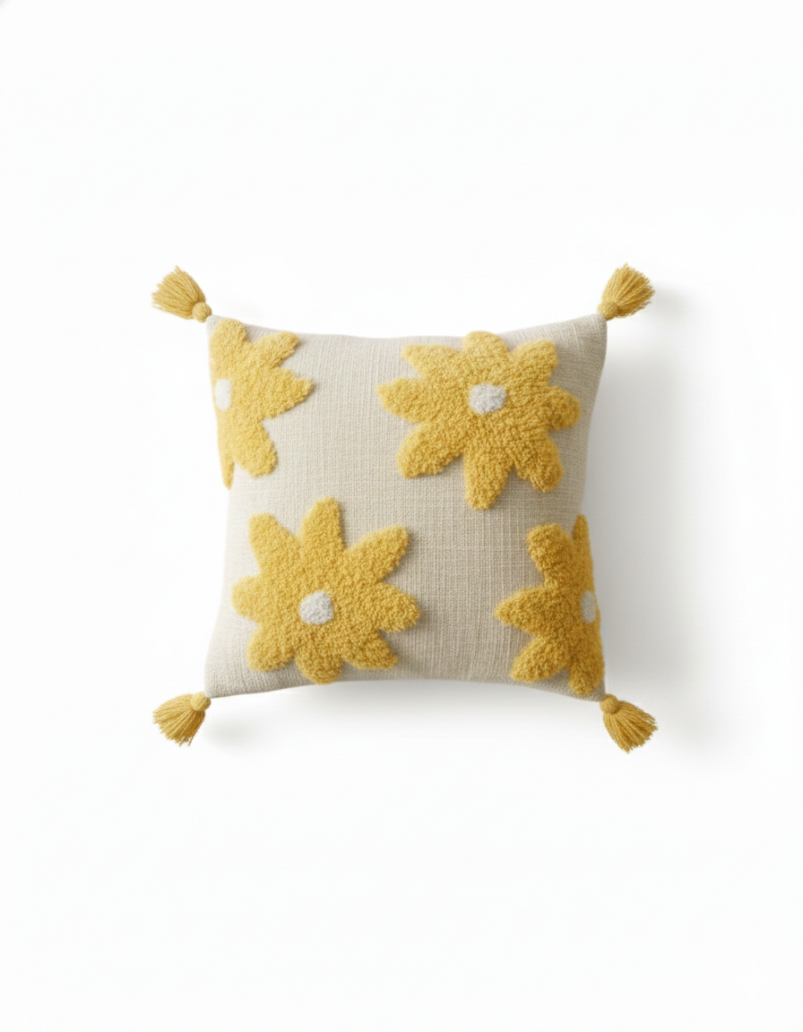 Mustard & Ivory Floral Cotton Embroidery Cushion Cover with Tassels