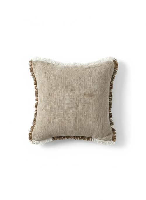 Beige Cushion Cover with Dual-Tone Fringe Borders