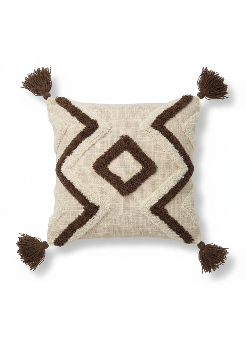 Ivory & Brown Geometric Embroidered Cotton Cushion Cover with Tassels