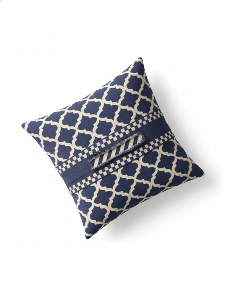 Navy Blue & Ivory Trellis Embroidered Cotton Cushion Cover