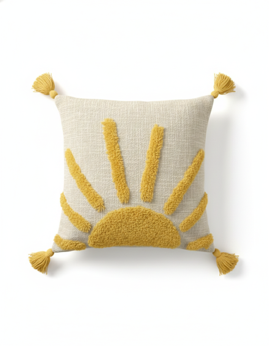 Mustard & Ivory Sunburst Embroidered Cotton Cushion Cover with Tassels