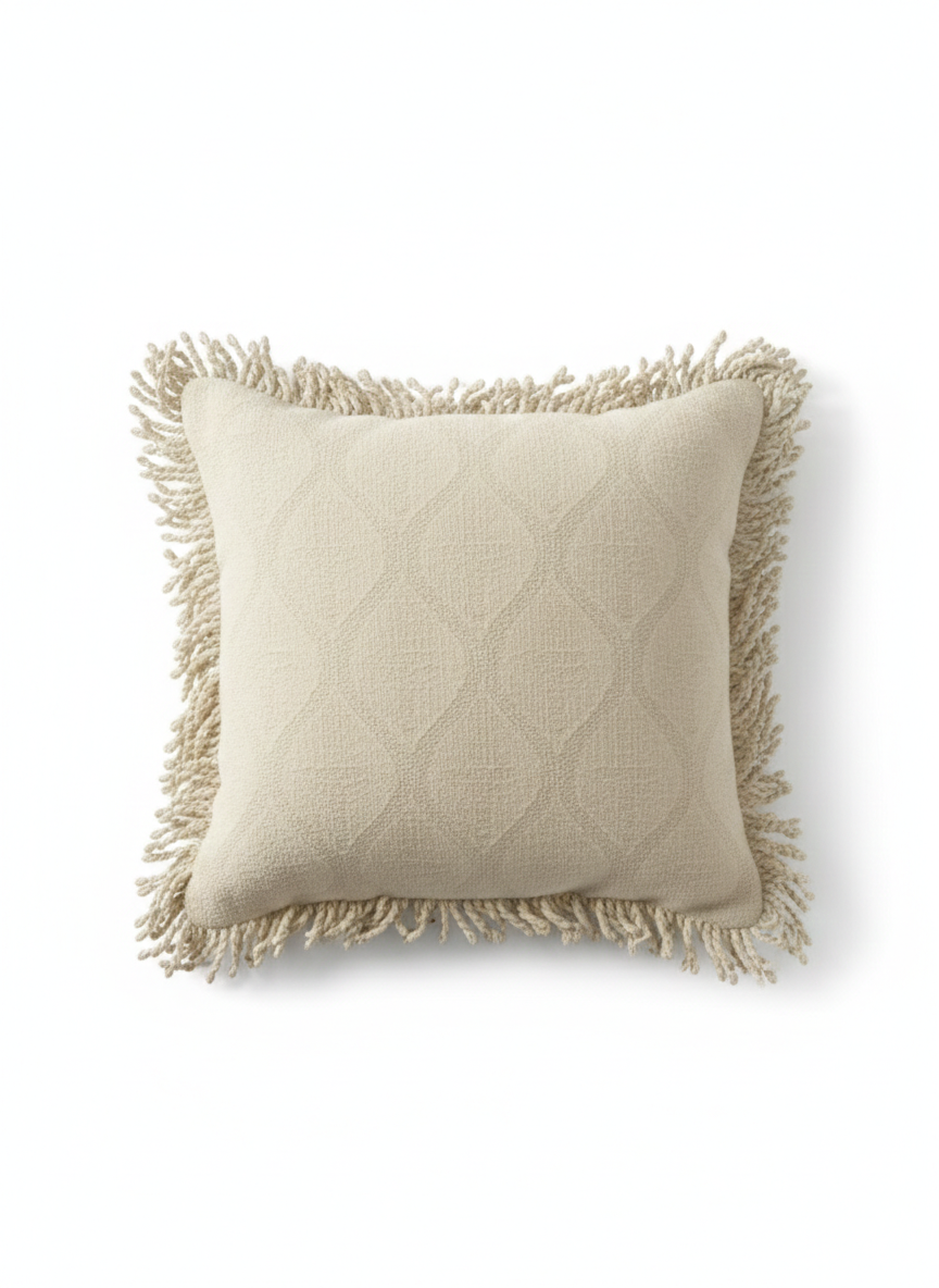 Cream Diamond-Textured Cushion Cover with Loop Fringes