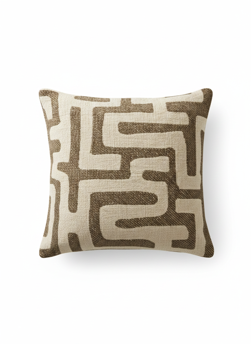 Modern Geometric Cotton Jacquard Cushion Cover – Neutral Beige & Brown