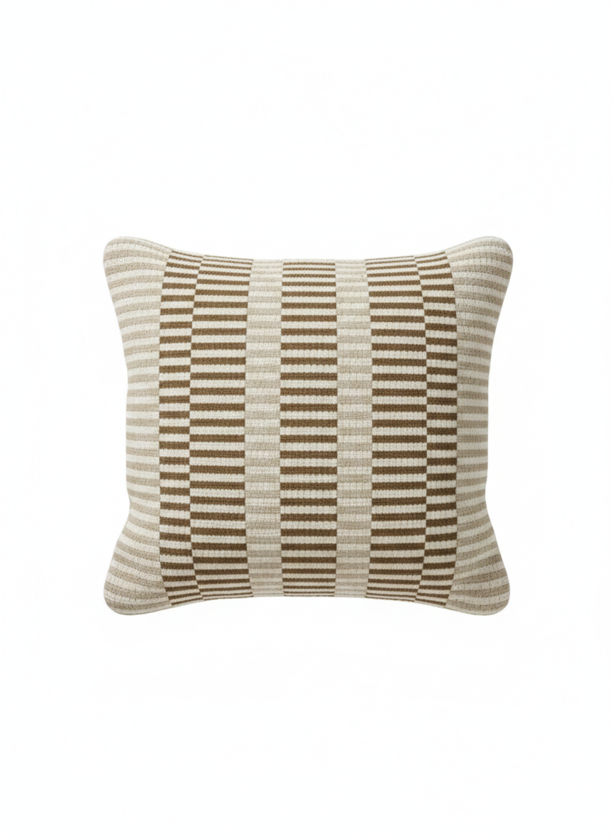 Beige & Brown Fine-Check Striped Cushion Cover