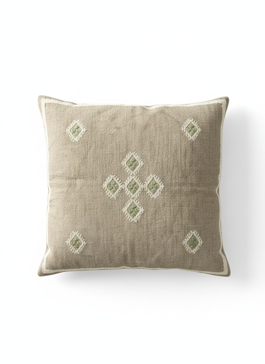 Natural Beige Cushion Cover with Embroidered Green Diamonds