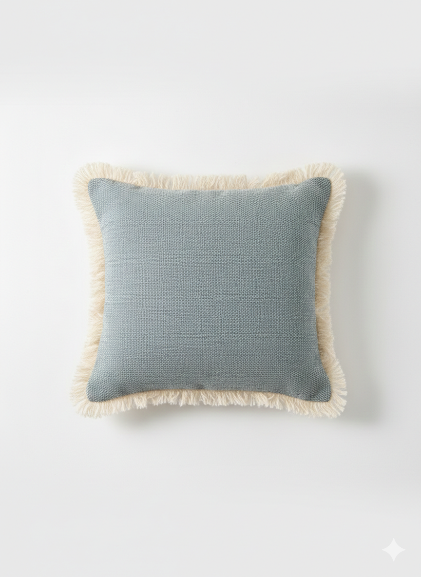 Beige-Blue Textured Cushion Cover with Fringe Border