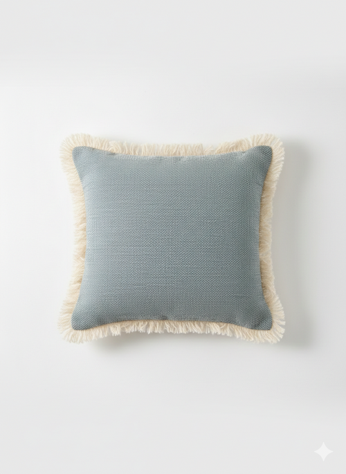 Beige-Blue Textured Cushion Cover with Fringe Border