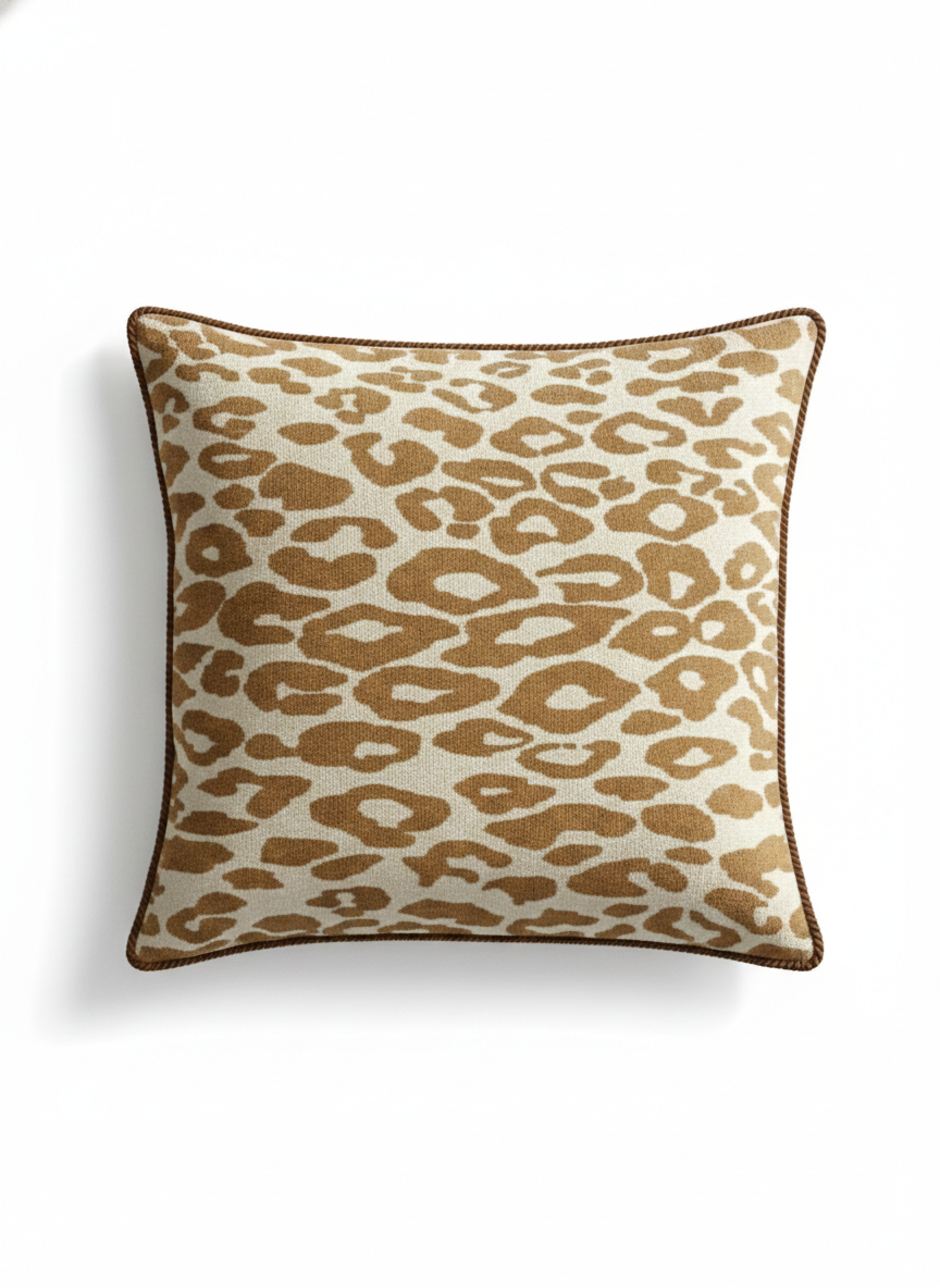 Leopard Print Woven Cushion Cover with Braided Border
