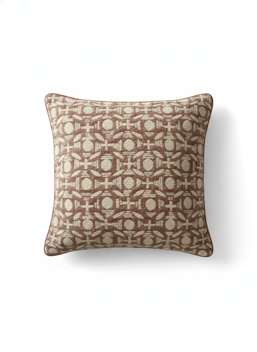 Terracotta & Cream Geometric Tile-Pattern Cotton Cushion Cover