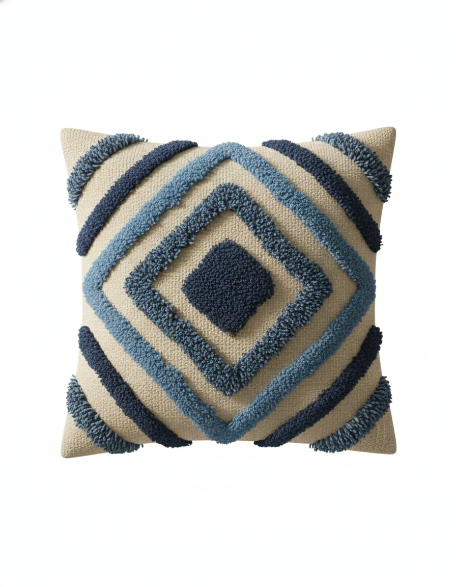 Blue & Ivory Geometric Embroidered Cotton Cushion Cover