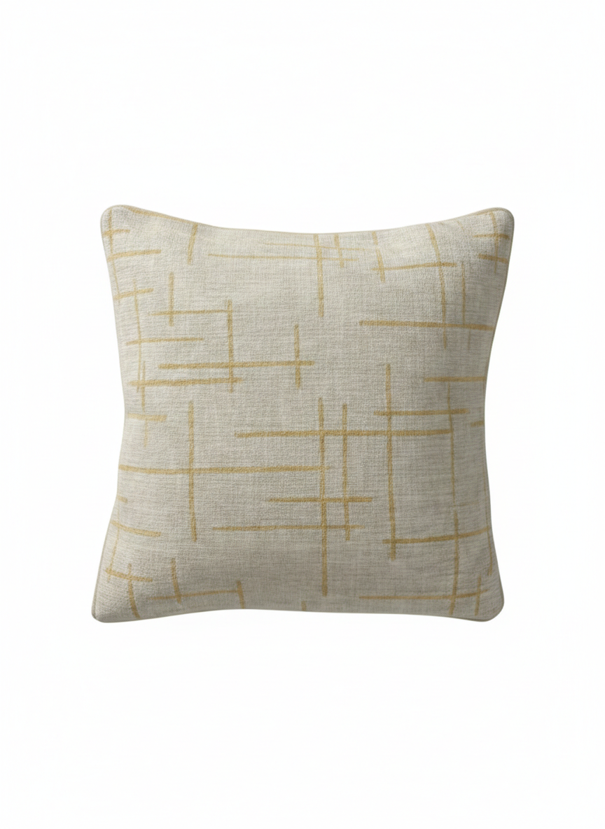 Grey Linen-Textured Cushion Cover with Golden Grid Lines