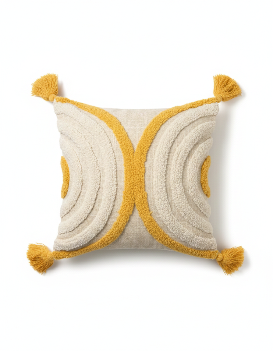 Mustard & Ivory Embroidered Cotton Sofa Cushion Cover with Tassels