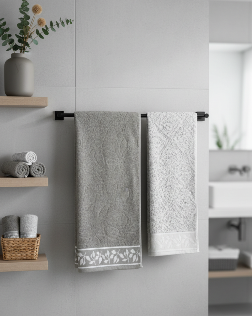 Premium Soft Cotton Hand & Bath Towel Set – Grey Leaf Design
