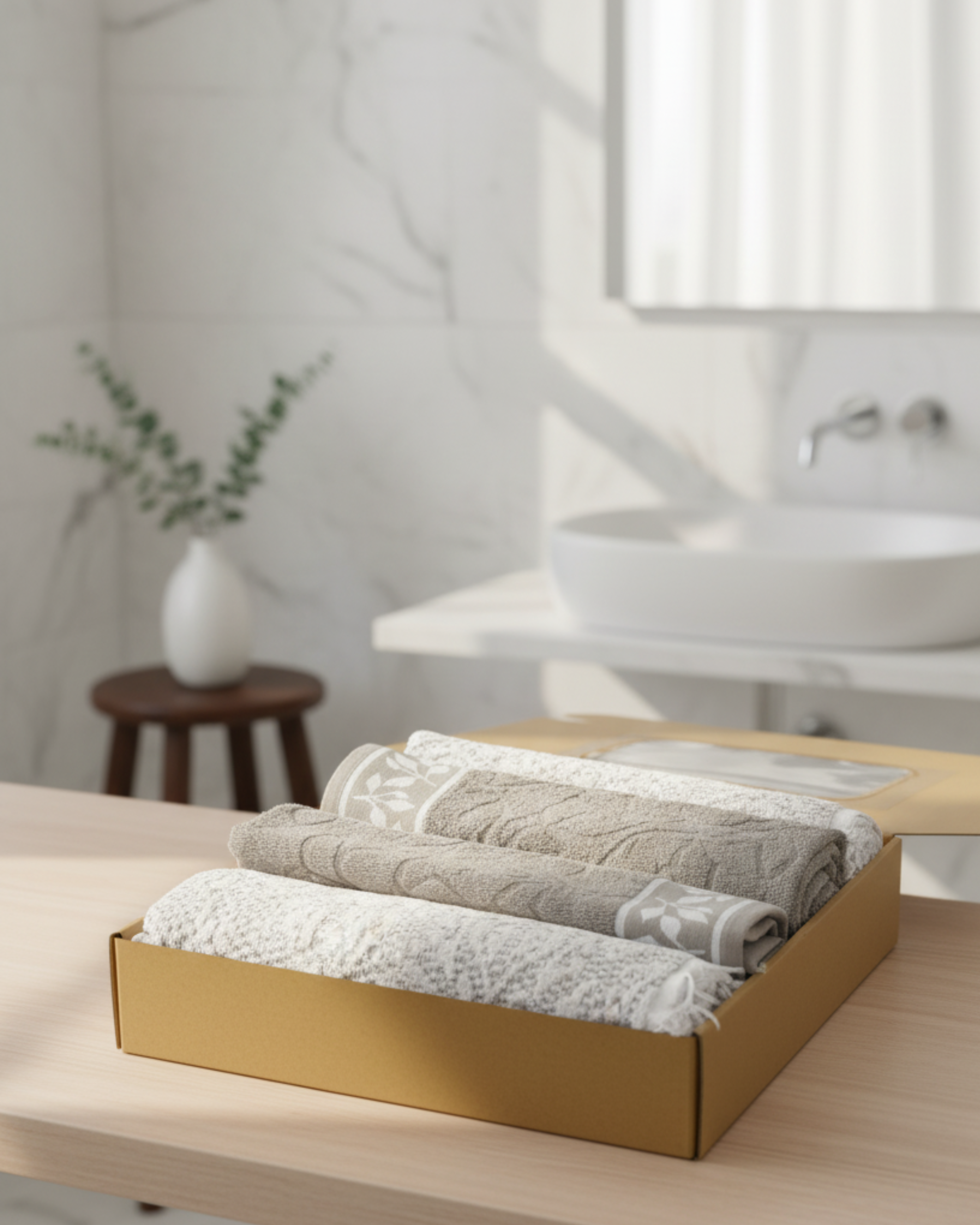 Premium Soft Cotton Hand & Bath Towel Set – Grey Leaf Design