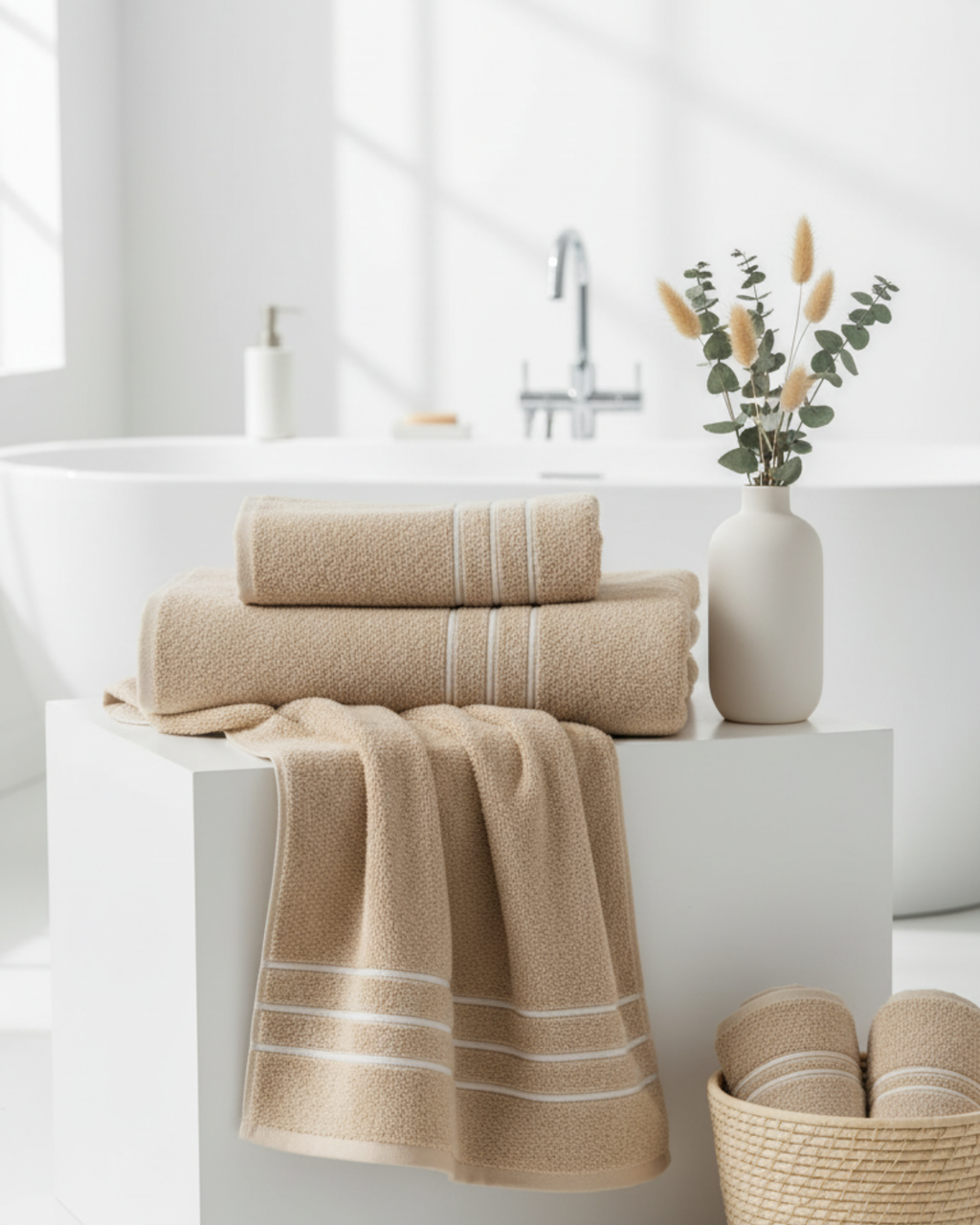 Premium Soft Cotton Hand & Bath Towel Set – Beige Classic Stripes