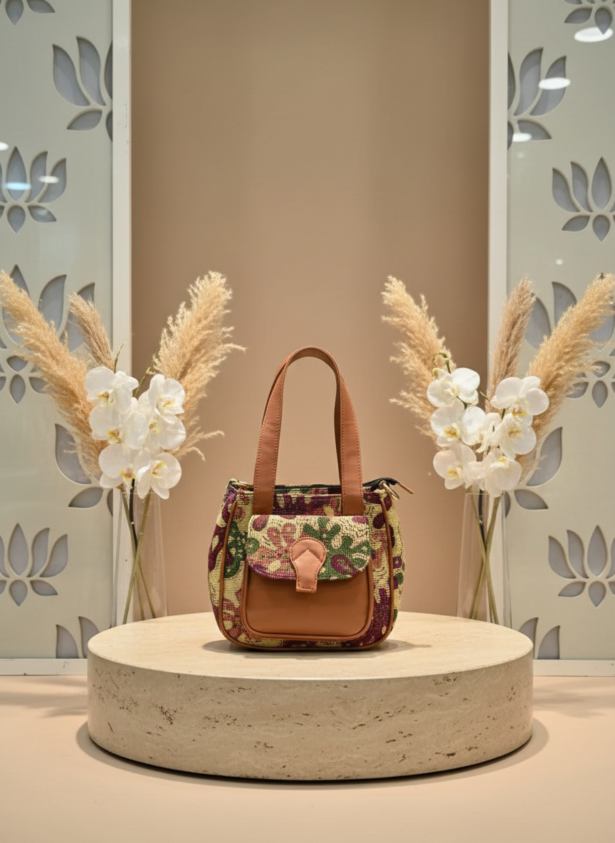 Brown Floral Design Handbag