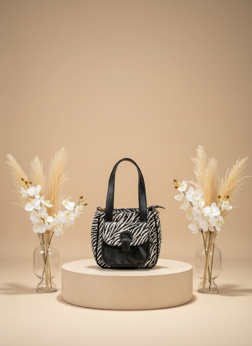 Black & Ivory Zebra Print Handbag with Leather Finish